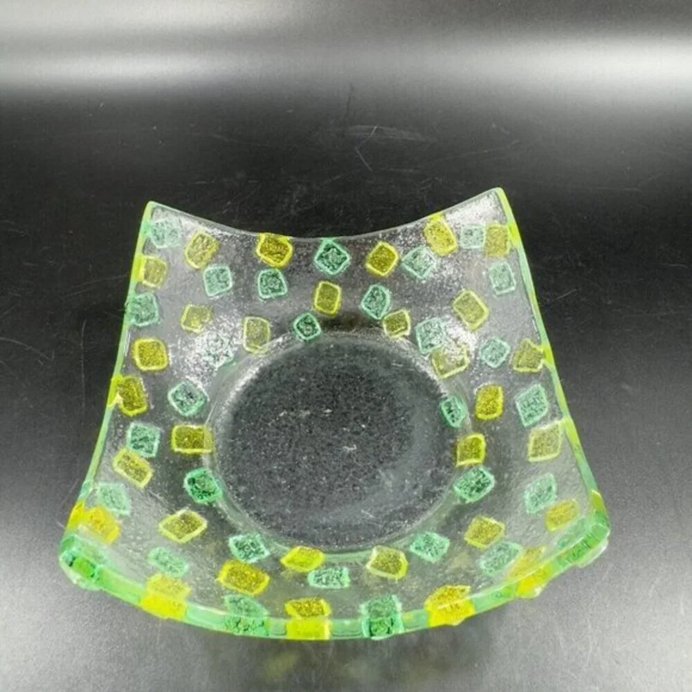 Square Fused Art Glass Dish Plate Whimsical Decor Textured Dish Hand Crafted Vtg